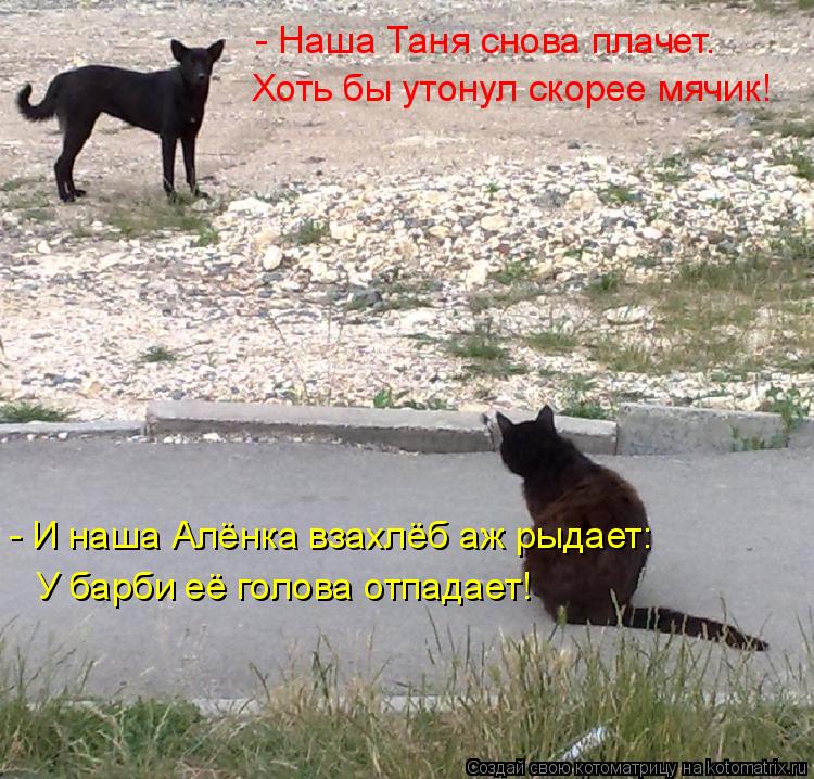 - Наша Таня снова плачет. - И наша Алёнка взахлёб аж рыдает: У барби её голова отпадает! Хоть бы утон... Котоматрица: - Наша Таня снова плачет. - И наша Алёнка взахлёб аж рыдает: У барби её голова отпадает! Хоть бы утонул скорее мячик!