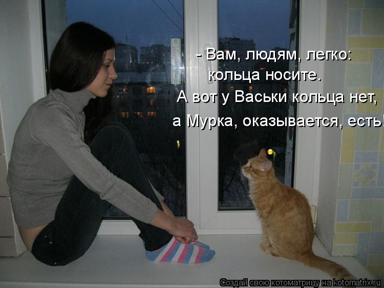 Котоматрица: - Вам, людям, легко: кольца носите. А вот у Васьки кольца нет, а Мурка, оказывается, есть!