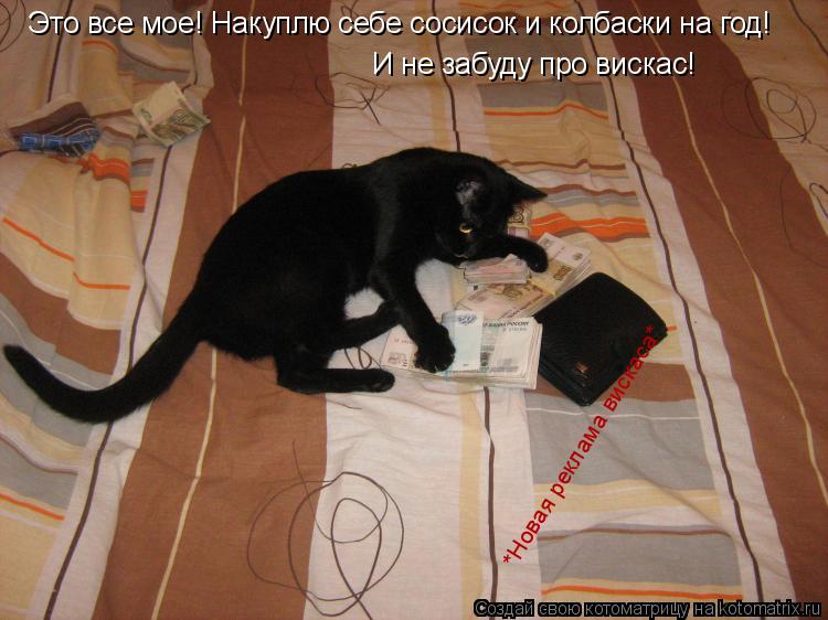 Котоматрица: Это все мое! Накуплю себе сосисок и колбаски на год! И не забуду про вискас! *Новая реклама вискаса*