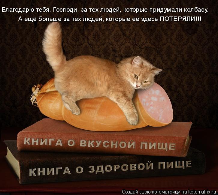 Котоматрица: Благодарю тебя, Господи, за тех людей, которые придумали колбасу. А ещё больше за тех людей, которые её здесь ПОТЕРЯЛИ!!!