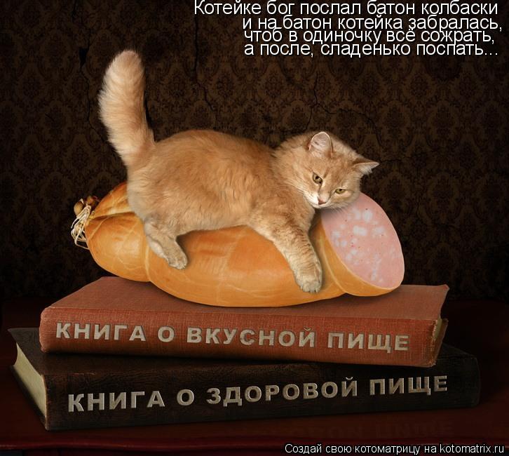 Котейке бог послал батон колбаски и на батон котейка забралась, чтоб в одиночку всё сожрать, а после,... Котоматрица: Котейке бог послал батон колбаски и на батон котейка забралась, чтоб в одиночку всё сожрать, а после, сладенько поспать...