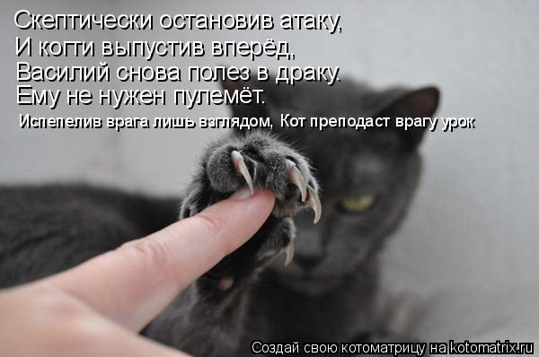Котоматрица: Скептически остановив атаку, И когти выпустив вперёд, Василий снова полез в драку. Ему не нужен пулемёт. Испепелив врага лишь взглядом, Кот 