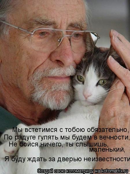 Мы встетимся с тобою обязательно, По радуге гулять мы будем в вечности, Не бойся ничего, ты слышишь... Котоматрица: Мы встетимся с тобою обязательно, По радуге гулять мы будем в вечности, Не бойся ничего, ты слышишь, маленький, Я буду ждать за дверью неизв