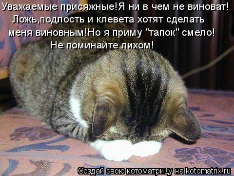Уважаемые присяжные!Я ни в чем не виноват! Ложь,подлость и клевета хотят сделать меня виновным!Но я ... Котоматрица: Уважаемые присяжные!Я ни в чем не виноват! Ложь,подлость и клевета хотят сделать меня виновным!Но я приму "тапок" смело! Не поминайте лихом!