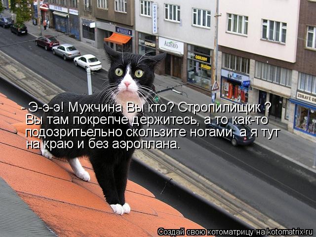 - Э-э-э! Мужчина Вы кто? Стропилищик ? Вы там покрепче держитесь, а то как-то подозритьельно скользит... Котоматрица: - Э-э-э! Мужчина Вы кто? Стропилищик ? Вы там покрепче держитесь, а то как-то подозритьельно скользите ногами, а я тут на краю и без аэроплана.