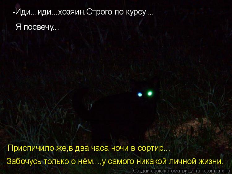 -Иди...иди...хозяин.Строго по курсу.... Я посвечу... Приспичило же,в два часа ночи в сортир... Забочу... Котоматрица: -Иди...иди...хозяин.Строго по курсу.... Я посвечу... Приспичило же,в два часа ночи в сортир... Забочусь только о нём...,у самого никакой личной жизн