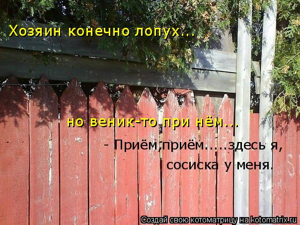 Хозяин конечно лопух... но веник-то при нём... - Приём,приём.....здесь я, сосиска у меня.... Котоматрица: Хозяин конечно лопух... но веник-то при нём... - Приём,приём.....здесь я, сосиска у меня.