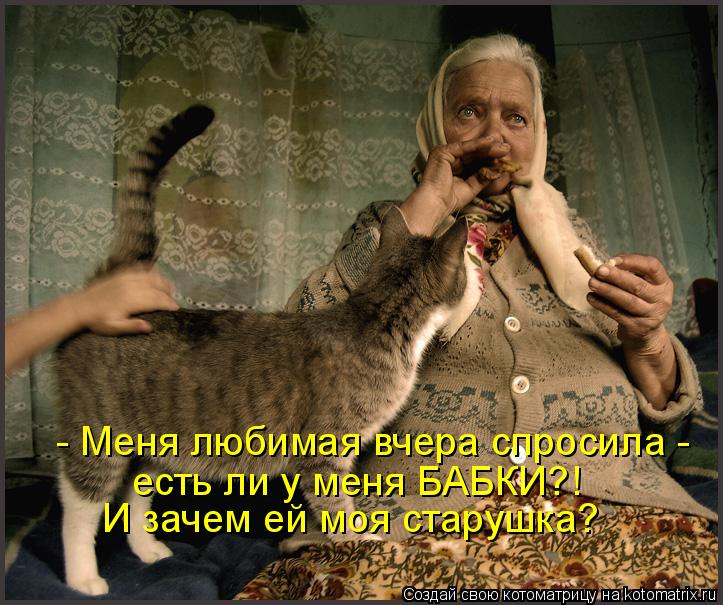 Котоматрица: - Меня любимая вчера спросила -  есть ли у меня БАБКИ?! И зачем ей моя старушка?