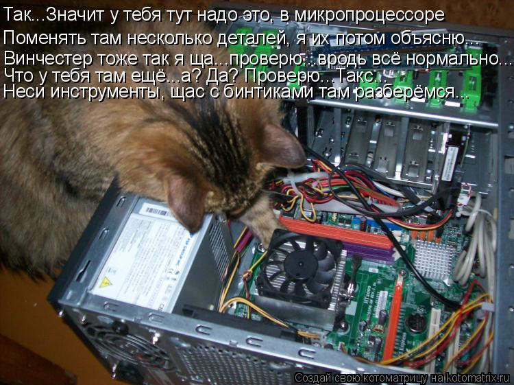 Котоматрица: Так...Значит у тебя тут надо это, в микропроцессоре  Поменять там несколько деталей, я их потом объясню... Винчестер тоже так я ща...проверю...вр