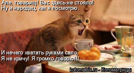 Але, товарищ! Вас здесь не стояло! Ну и народец, как я посмотрю. И нечего хватать руками сало, Я не к... Котоматрица: Але, товарищ! Вас здесь не стояло! Ну и народец, как я посмотрю. И нечего хватать руками сало, Я не кричу! Я громко говорю!!!
