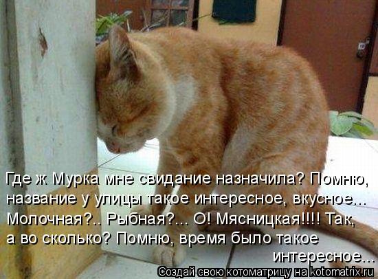Где ж Мурка мне свидание назначила? Помню, название у улицы такое интересное, вкусное... Молочная?.... Котоматрица: Где ж Мурка мне свидание назначила? Помню, название у улицы такое интересное, вкусное... Молочная?.. Рыбная?... О! Мясницкая!!!! Так, а во сколько
