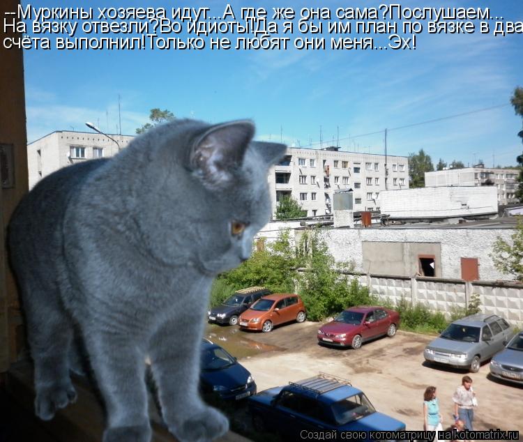 --Муркины хозяева идут...А где же она сама?Послушаем... На вязку отвезли?Во идиоты!Да я бы им план по... Котоматрица: --Муркины хозяева идут...А где же она сама?Послушаем... На вязку отвезли?Во идиоты!Да я бы им план по вязке в два счёта выполнил!Только не любят