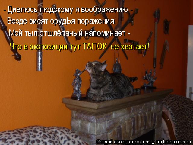 - Дивлюсь людскому я воображению - Везде висят орудЬя поражения. Мой тыл отшлёпаный напоминает - Что ... Котоматрица: - Дивлюсь людскому я воображению - Везде висят орудЬя поражения. Мой тыл отшлёпаный напоминает - Что в экспозиции тут ТАПОК не хватает!