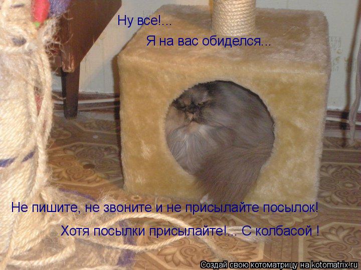Ну все!... Я на вас обиделся... Не пишите, не звоните и не присылайте посылок! Хотя посылки присылайт... Котоматрица: Ну все!... Я на вас обиделся... Не пишите, не звоните и не присылайте посылок! Хотя посылки присылайте!... С колбасой !