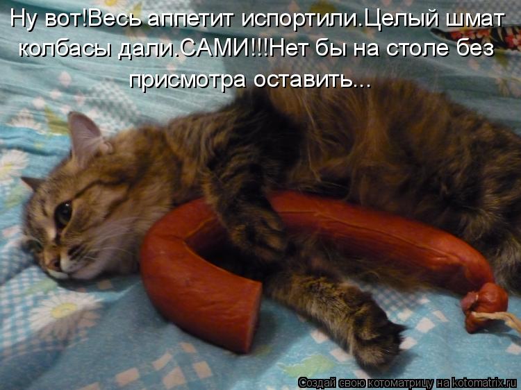 Ну вот!Весь аппетит испортили.Целый шмат колбасы дали.САМИ!!!Нет бы на столе без присмотра оставить..... Котоматрица: Ну вот!Весь аппетит испортили.Целый шмат колбасы дали.САМИ!!!Нет бы на столе без присмотра оставить...