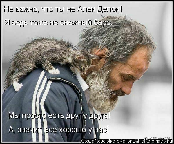 Не важно, что ты не Ален Делон! Я ведь тоже не снежный барс. Мы просто есть друг у друга! А, значит, ... Котоматрица: Не важно, что ты не Ален Делон! Я ведь тоже не снежный барс. Мы просто есть друг у друга! А, значит, всё хорошо у нас!