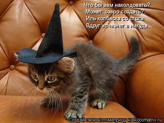 Что бы вам наколдовать? Может, озеро создать?.. Иль колбаска со стола Вдруг исчезнет в никуда...... Котоматрица: Что бы вам наколдовать? Может, озеро создать?.. Иль колбаска со стола Вдруг исчезнет в никуда...