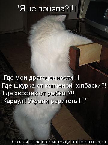 "Я не поняла?!!! Где мои драгоценности!!! Где шкурка от копченой колбаски?! Где хвостик от рыбки ?!!!... Котоматрица: "Я не поняла?!!! Где мои драгоценности!!! Где шкурка от копченой колбаски?! Где хвостик от рыбки ?!!! Караул! Украли раритеты!!!"