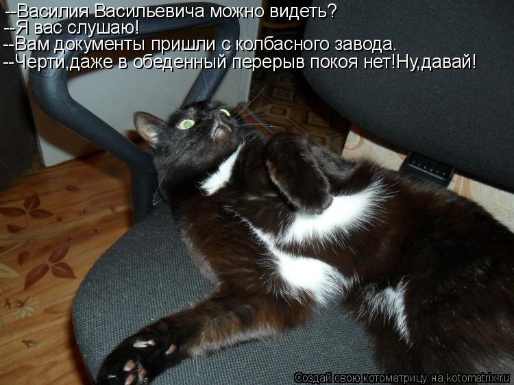 --Василия Васильевича можно видеть? --Я вас слушаю! --Вам документы пришли с колбасного завода. --Чер... Котоматрица: --Василия Васильевича можно видеть? --Я вас слушаю! --Вам документы пришли с колбасного завода. --Черти,даже в обеденный перерыв покоя нет!Ну,д