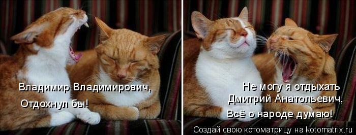 Владимир Владимирович, Отдохнул бы! Не могу я отдыхать Дмитрий Анатольевич, Всё о народе думаю!... Котоматрица: Владимир Владимирович, Отдохнул бы! Не могу я отдыхать Дмитрий Анатольевич, Всё о народе думаю!