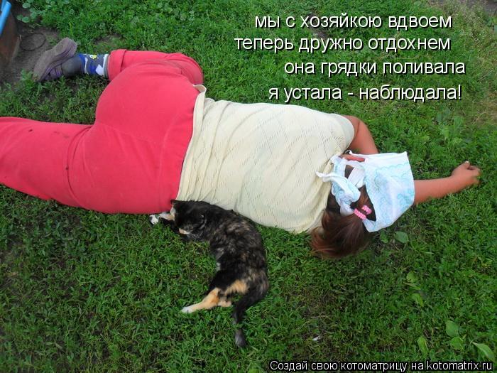 мы с хозяйкою вдвоем теперь дружно отдохнем она грядки поливала я устала - наблюдала!... Котоматрица: мы с хозяйкою вдвоем теперь дружно отдохнем она грядки поливала я устала - наблюдала!