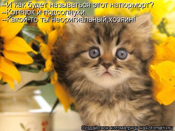 --И как будет называться этот натюрморт? --Котёнок и подсолнухи. --Какой-то ты неоригиальный,хозяин!... Котоматрица: --И как будет называться этот натюрморт? --Котёнок и подсолнухи. --Какой-то ты неоригиальный,хозяин!