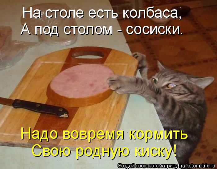 На столе есть колбаса, А под столом - сосиски. Надо вовремя кормить Свою родную киску!... Котоматрица: На столе есть колбаса, А под столом - сосиски. Надо вовремя кормить Свою родную киску!