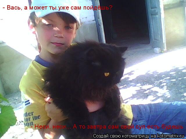 - Вась, а может ты уже сам пойдёшь? - Неси, неси... А то завтра сам свой суп есть будешь... Котоматрица: - Вась, а может ты уже сам пойдёшь? - Неси, неси... А то завтра сам свой суп есть будешь
