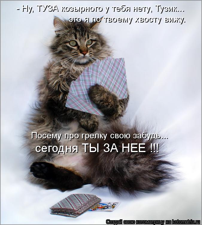 - Ну, ТУЗА козырного у тебя нету, Тузик... это я по твоему хвосту вижу. Посему про грелку свою забудь... Котоматрица: - Ну, ТУЗА козырного у тебя нету, Тузик... это я по твоему хвосту вижу. Посему про грелку свою забудь... сегодня ТЫ ЗА НЕЕ !!!