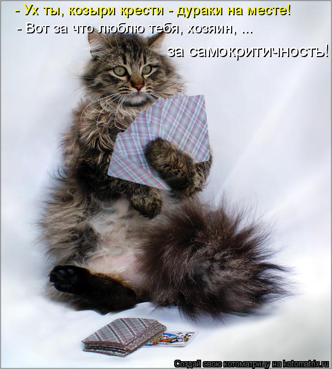 - Ух ты, козыри крести - дураки на месте! - Вот за что люблю тебя, хозяин, ... за самокритичность!... Котоматрица: - Ух ты, козыри крести - дураки на месте! - Вот за что люблю тебя, хозяин, ... за самокритичность!