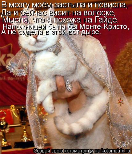 В мозгу моём застыла и повисла, Да и сейчас висит на волоске, Мысля, что я похожа на Гайде. Наложниц... Котоматрица: В мозгу моём застыла и повисла, Да и сейчас висит на волоске, Мысля, что я похожа на Гайде. Наложницей была бы Монте-Кристо, А не сидела в этой