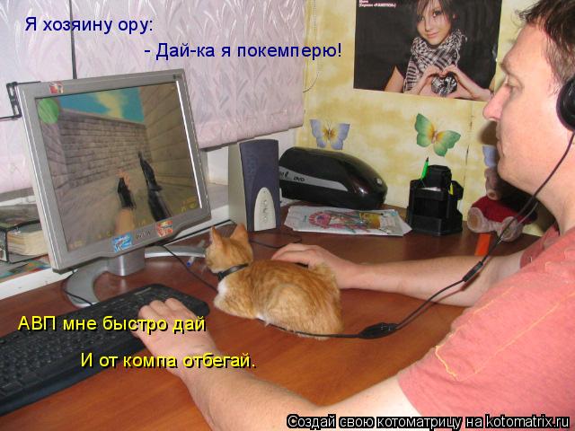 Я хозяину ору: - Дай-ка я покемперю! АВП мне быстро дай И от компа отбегай.... Котоматрица: Я хозяину ору: - Дай-ка я покемперю! АВП мне быстро дай И от компа отбегай.