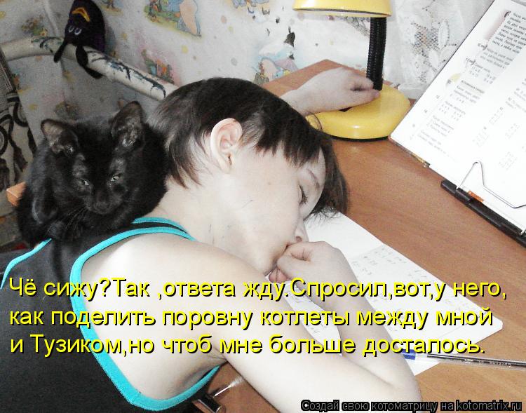 Чё сижу?Так ,ответа жду.Спросил,вот,у него, как поделить поровну котлеты между мной и Тузиком,но чтоб... Котоматрица: Чё сижу?Так ,ответа жду.Спросил,вот,у него, как поделить поровну котлеты между мной и Тузиком,но чтоб мне больше досталось.