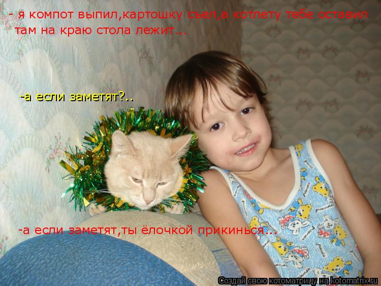 Котоматрица: - я компот выпил,картошку съел,а котлету тебе оставил там на краю стола лежит... -а если заметят?.. -а если заметят,ты ёлочкой прикинься...