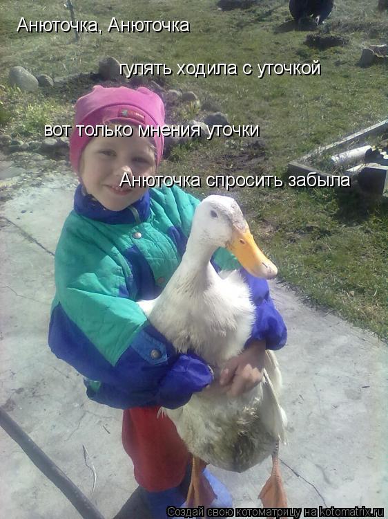 Котоматрица: Анюточка, Анюточка гулять ходила с уточкой вот только мнения уточки  Анюточка спросить забыла