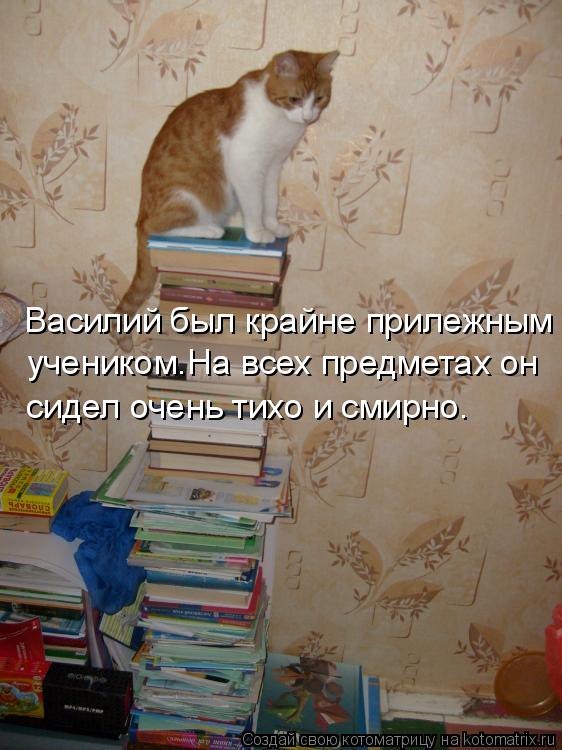 учеником.На всех предметах он сидел очень тихо и смирно. Василий был крайне прилежным... Котоматрица: учеником.На всех предметах он сидел очень тихо и смирно. Василий был крайне прилежным