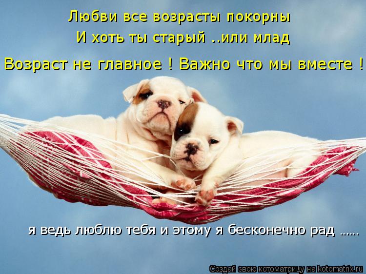 Любви все возрасты покорны И хоть ты старый ..или млад я ведь люблю тебя и этому я бесконечно рад ...... Котоматрица: Любви все возрасты покорны И хоть ты старый ..или млад я ведь люблю тебя и этому я бесконечно рад ...... Возраст не главное ! Важно что мы вместе