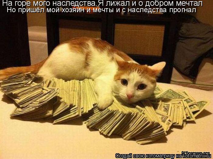 На горе мого наследства.Я лижал и о добром мечтал Но пришёл мой хозяин и мечты и с наследства прогнал... Котоматрица: На горе мого наследства.Я лижал и о добром мечтал Но пришёл мой хозяин и мечты и с наследства прогнал