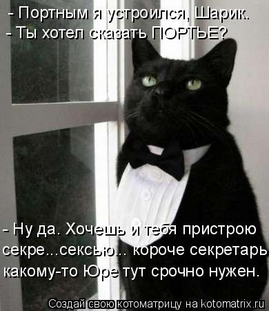 Котоматрица: - Портным я устроился, Шарик. - Ты хотел сказать ПОРТЬЕ? - Ну да. Хочешь и тебя пристрою секре...сексью... короче секретарь какому-то Юре тут сроч