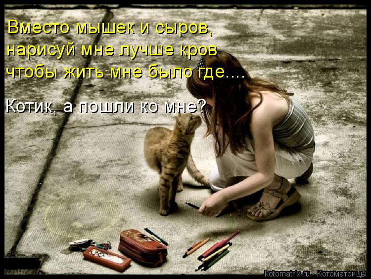 Вместо мышек и сыров, нарисуй мне лучше кров чтобы жить мне было где.... Котик, а пошли ко мне?... Котоматрица: Вместо мышек и сыров, нарисуй мне лучше кров чтобы жить мне было где.... Котик, а пошли ко мне?