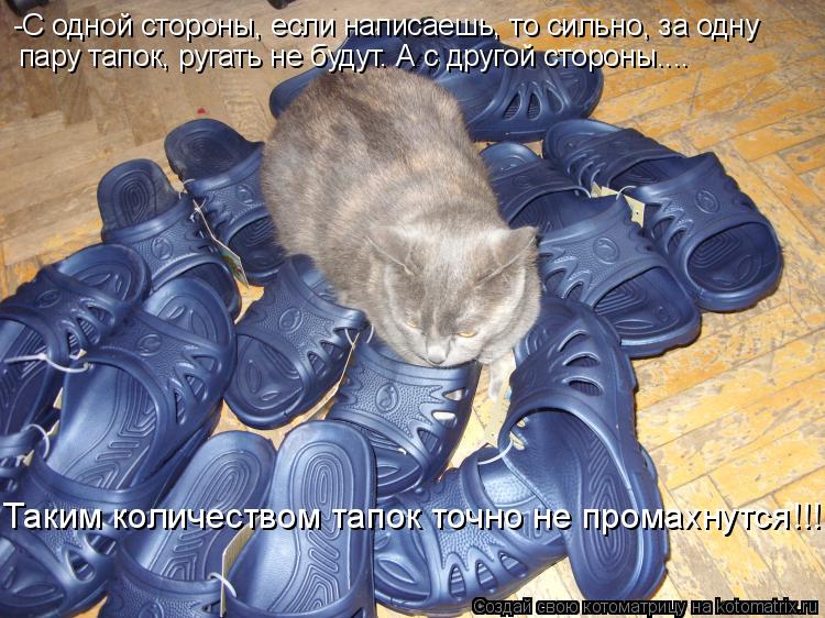-С одной стороны, если написаешь, то сильно, за одну пару тапок, ругать не будут. А с другой стороны.... Котоматрица: -С одной стороны, если написаешь, то сильно, за одну пару тапок, ругать не будут. А с другой стороны.... Таким количеством тапок точно не промах
