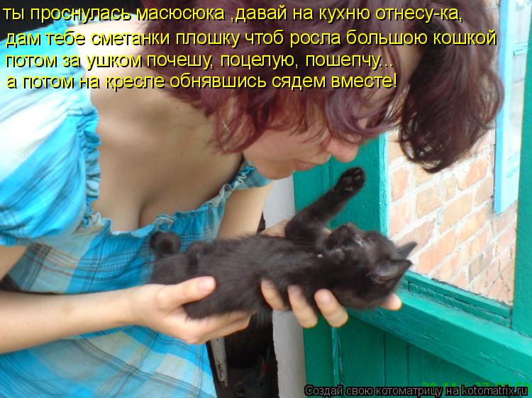 Котоматрица: дам тебе сметанки плошку чтоб росла большою кошкой потом за ушком почешу, поцелую, пошепчу... а потом на кресле обнявшись сядем вместе! ты пр