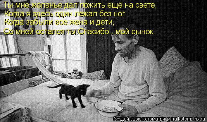 Ты мне желанье дал пожить ещё на свете, Когда я здесь один лежал без ног. Со мной остался ты.Спасибо... Котоматрица: Ты мне желанье дал пожить ещё на свете, Когда я здесь один лежал без ног. Со мной остался ты.Спасибо...мой сынок. Когда забыли все:жена и дети,