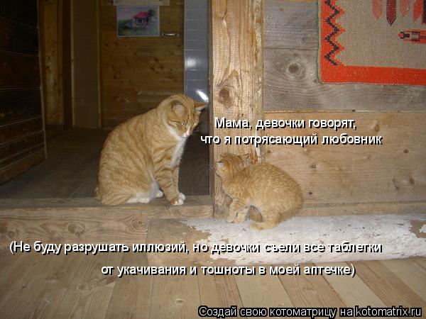 Мама, девочки говорят, (Не буду разрушать иллюзий, но девочки съели все таблетки от укачивания и тош... Котоматрица: Мама, девочки говорят, (Не буду разрушать иллюзий, но девочки съели все таблетки от укачивания и тошноты в моей аптечке) что я потрясающий л