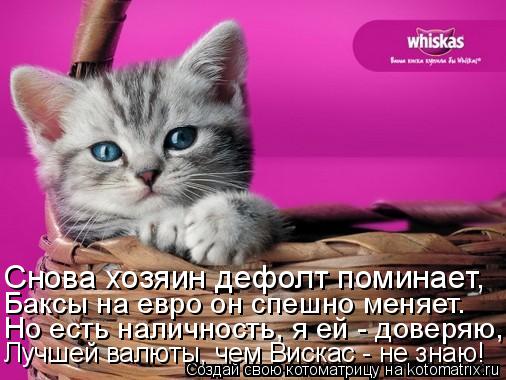 Котоматрица: Но есть наличность, я ей - доверяю, Баксы на евро он спешно меняет. Снова хозяин дефолт поминает, Лучшей валюты, чем Вискас - не знаю!