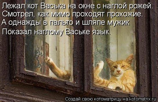 Лежал кот Васька на окне с наглой рожей. Смотрел, как мимо проходят прохожие. А однажды в пальто и шл... Котоматрица: Лежал кот Васька на окне с наглой рожей. Смотрел, как мимо проходят прохожие. А однажды в пальто и шляпе мужик Показал наглому Ваське язык.