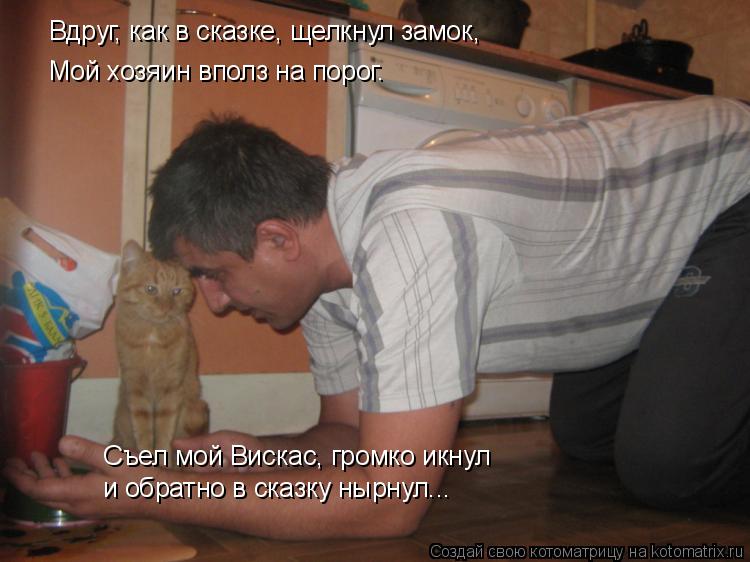Съел мой Вискас, громко икнул и обратно в сказку нырнул... Вдруг, как в сказке, щелкнул замок, Мой ... Котоматрица: Съел мой Вискас, громко икнул и обратно в сказку нырнул... Вдруг, как в сказке, щелкнул замок, Мой хозяин вполз на порог.