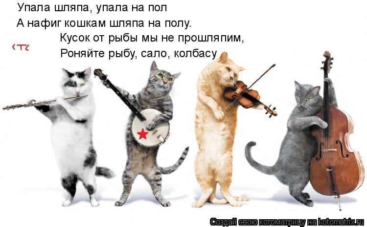 Упала шляпа, упала на пол А нафиг кошкам шляпа на полу. Кусок от рыбы мы не прошляпим, Роняйте рыбу, ... Котоматрица: Упала шляпа, упала на пол А нафиг кошкам шляпа на полу. Кусок от рыбы мы не прошляпим, Роняйте рыбу, сало, колбасу
