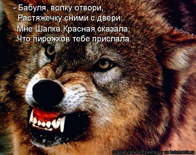 - Бабуля, волку отвори, Растяжечку сними с двери.. Мне Шапка Красная сказала, Что пирожков тебе присл... Котоматрица: - Бабуля, волку отвори, Растяжечку сними с двери.. Мне Шапка Красная сказала, Что пирожков тебе прислала.