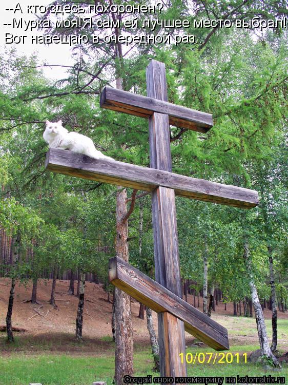 --А кто здесь похоронен? --Мурка моя!Я сам ей лучшее место выбрал! Вот навещаю в очередной раз...... Котоматрица: --А кто здесь похоронен? --Мурка моя!Я сам ей лучшее место выбрал! Вот навещаю в очередной раз...